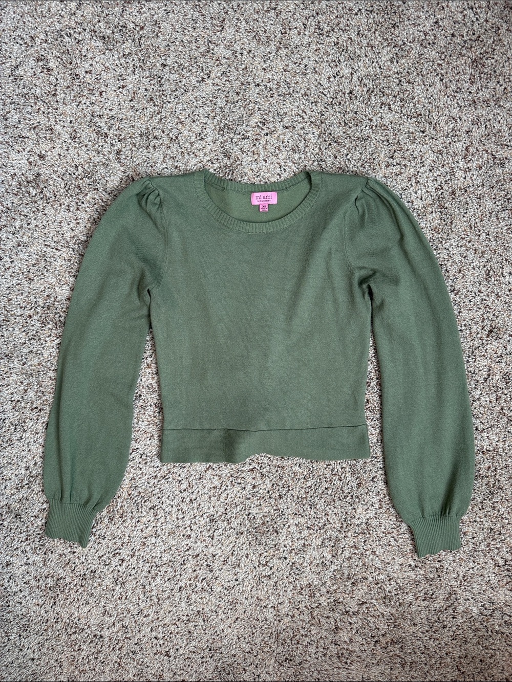 miami Olive Puff-Sleeve Crewneck Sweater